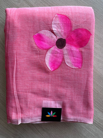 Pink Hand Brush Printed Feather Light Mul Cotton Saree - MCRH30200 / MCRH30201