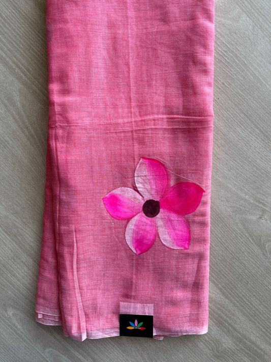 Pink Hand Brush Printed Feather Light Mul Cotton Saree - MCRH30200 / MCRH30201