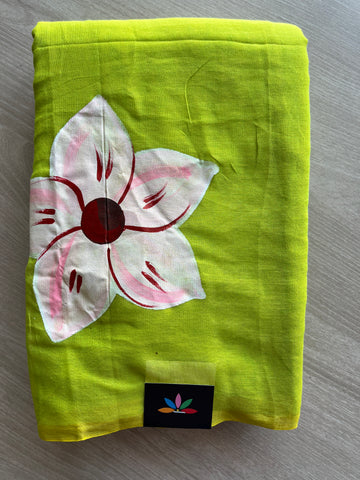 Leaf Green Hand Brush Printed Feather Light Mul Cotton Saree - MCRH30202 / MCRH30203