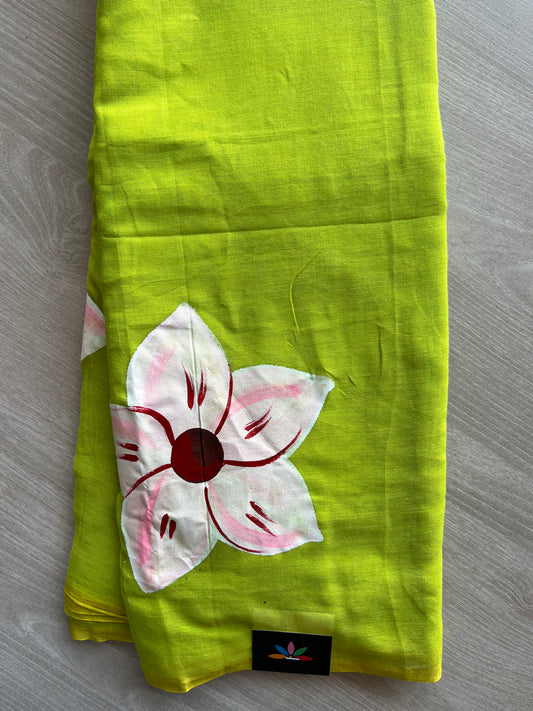 Leaf Green Hand Brush Printed Feather Light Mul Cotton Saree - MCRH30202 / MCRH30203