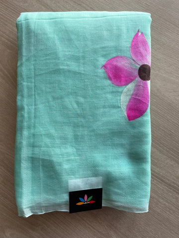 Aquamarine Green Hand Brush Printed Feather Light Mul Cotton Saree - MCRH30208 / MCRH30209