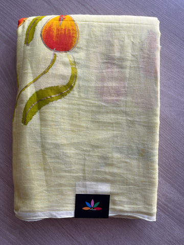 Light Yellow Hand Brush Printed Feather Light Mul Cotton Saree - MCRH30216 / MCRH30217