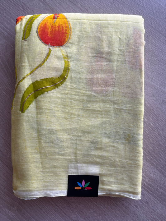 Light Yellow Hand Brush Printed Feather Light Mul Cotton Saree - MCRH30216 / MCRH30217