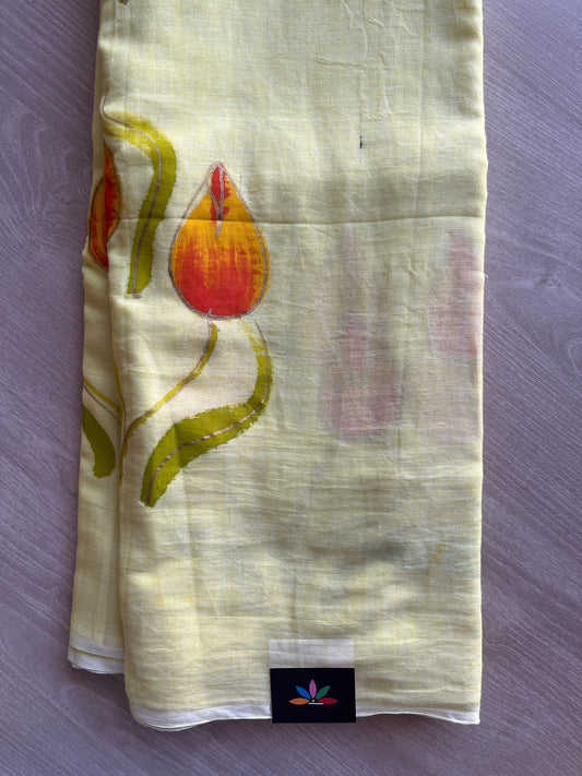 Light Yellow Hand Brush Printed Feather Light Mul Cotton Saree - MCRH30216 / MCRH30217