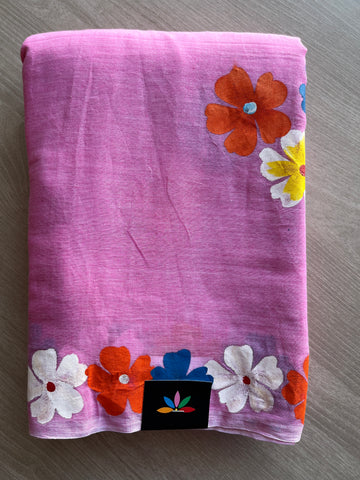 Pink Hand Brush Printed Feather Light Mul Cotton Saree - MCRH30220 / MCRH30221