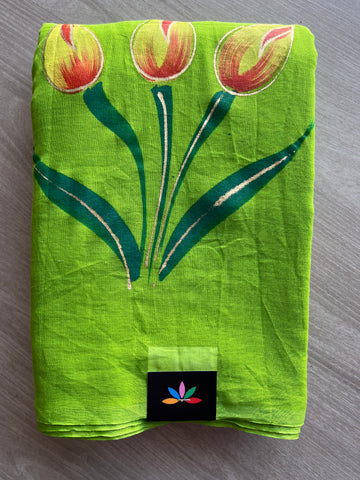 Parrot Green Hand Brush Printed Feather Light Mul Cotton Saree - MCRH30222 / MCRH30223