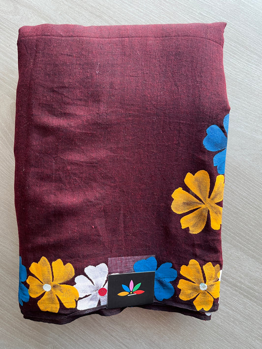 Maroon Hand Brush Printed Feather Light Mul Cotton Saree - MCRH30224 / MCRH30225