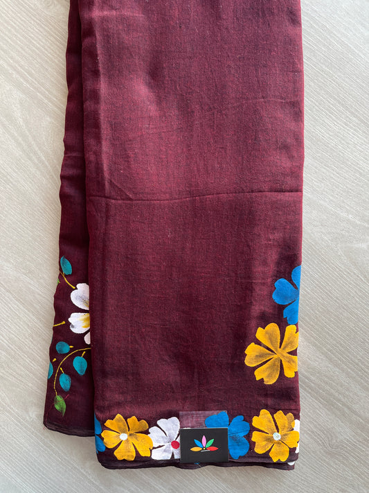 Maroon Hand Brush Printed Feather Light Mul Cotton Saree - MCRH30224 / MCRH30225