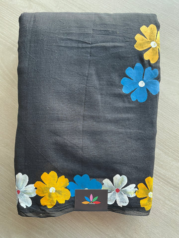 Black Hand Brush Printed Feather Light Mul Cotton Saree - MCRH30228 / MCRH30229