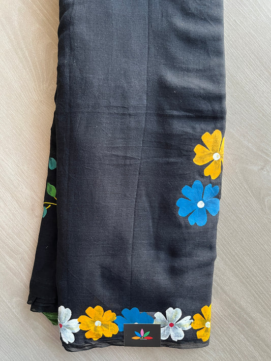 Black Hand Brush Printed Feather Light Mul Cotton Saree - MCRH30228 / MCRH30229