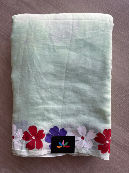 Light Mint Green Hand Brush Printed Feather Light Mul Cotton Saree - MCRH30232 / MCRH30233