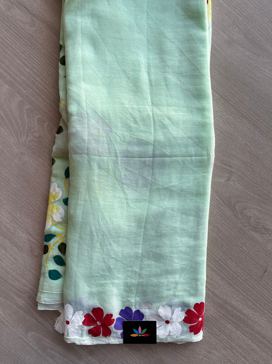 Light Mint Green Hand Brush Printed Feather Light Mul Cotton Saree - MCRH30232 / MCRH30233