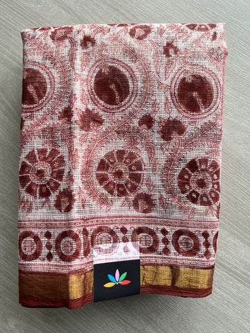 Light Beige Handblock Printed Kota Doria Saree -30478-30479