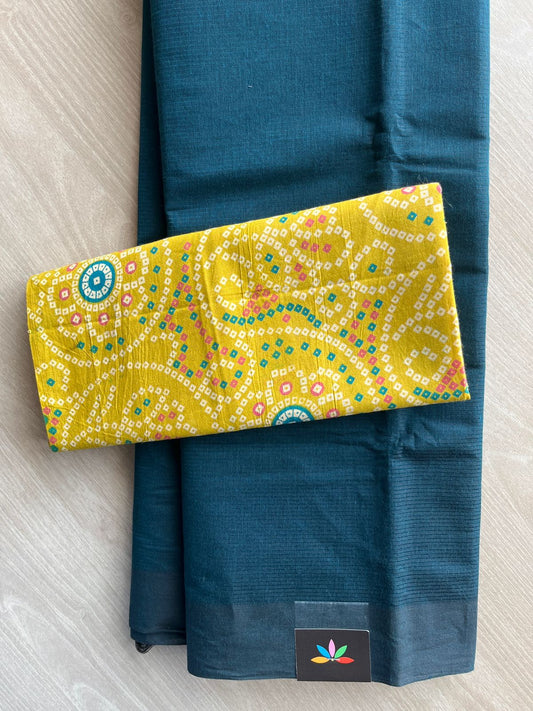 Deep Teal Blue Plain Mangalagiri Cotton Saree with Printed Cotton Blouse-30518-30519