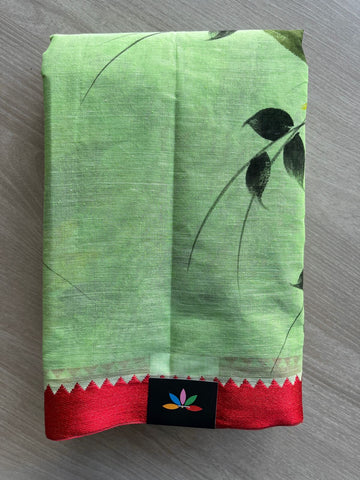 Pastel Green Hand painted Bengal Cotton Saree (Without blouse)- 30557