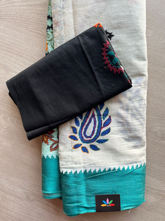 Off White Handcrafted Gujarati Stitch Cotton Saree -30590