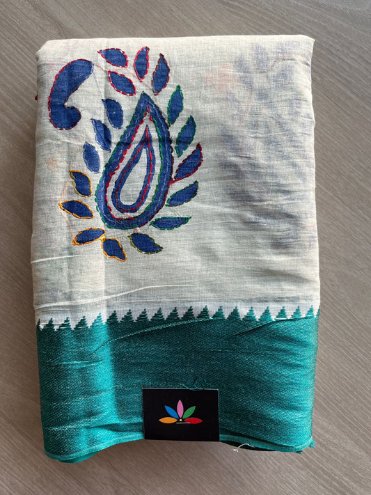Off White Handcrafted Gujarati Stitch Cotton Saree -30590