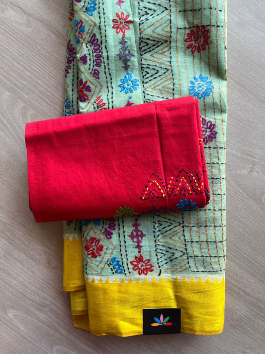 Light Mint Green Handcrafted Lambani Embroidery Cotton Saree -30592