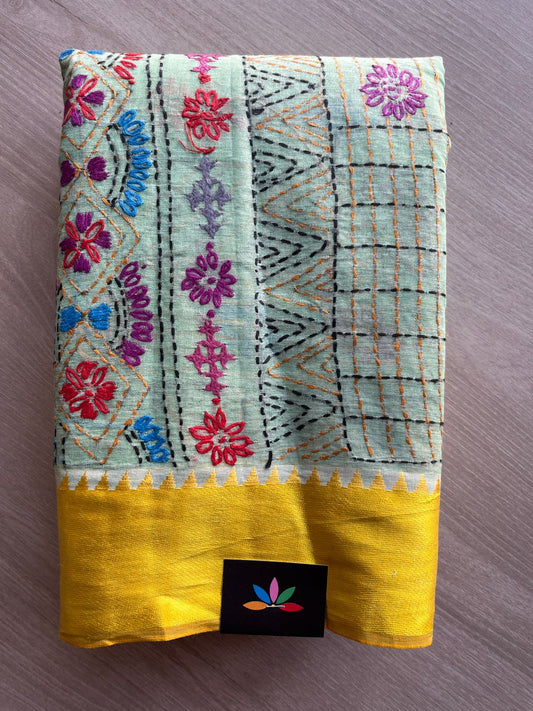 Light Mint Green Handcrafted Lambani Embroidery Cotton Saree -30592