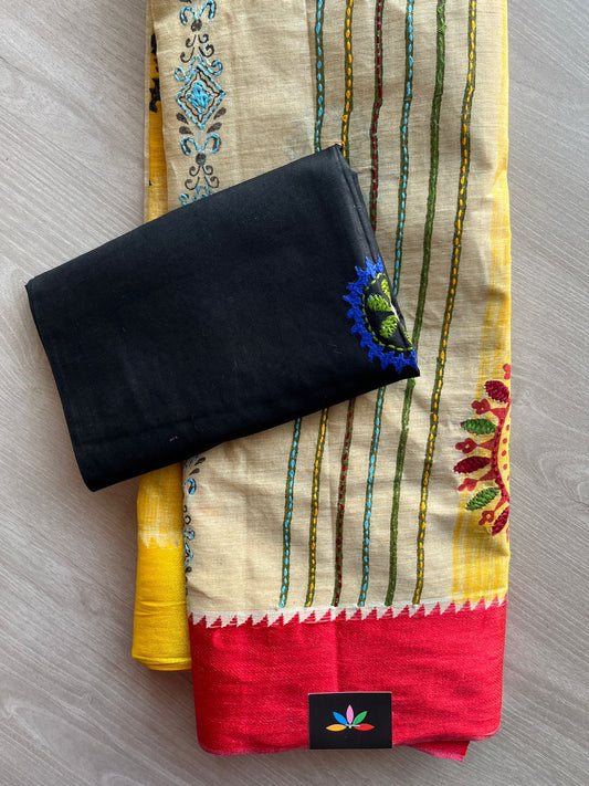 Light Beige Handcrafted Gujarati Stitch Cotton Saree -30593