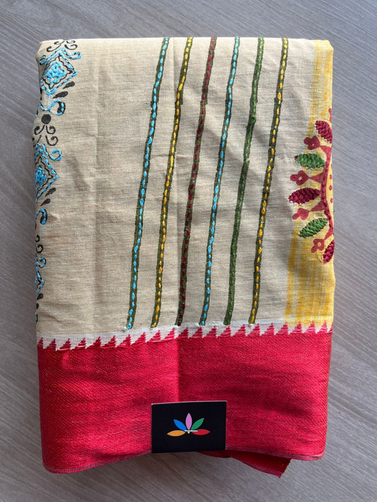 Light Beige Handcrafted Gujarati Stitch Cotton Saree -30593