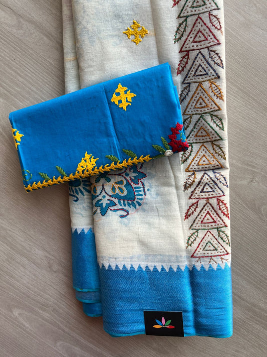 Off White Handcrafted Gujarati Stitch Cotton Saree -30594