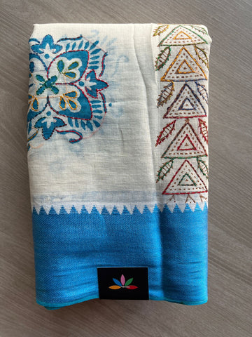 Off White Handcrafted Gujarati Stitch Cotton Saree -30594