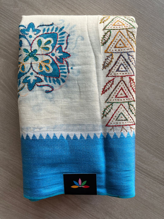 Off White Handcrafted Gujarati Stitch Cotton Saree -30594
