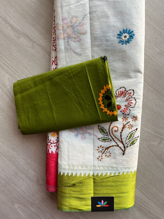 Off White Handcrafted Lambani Embroidery Cotton Saree -30596