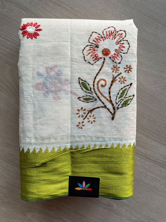 Off White Handcrafted Lambani Embroidery Cotton Saree -30596