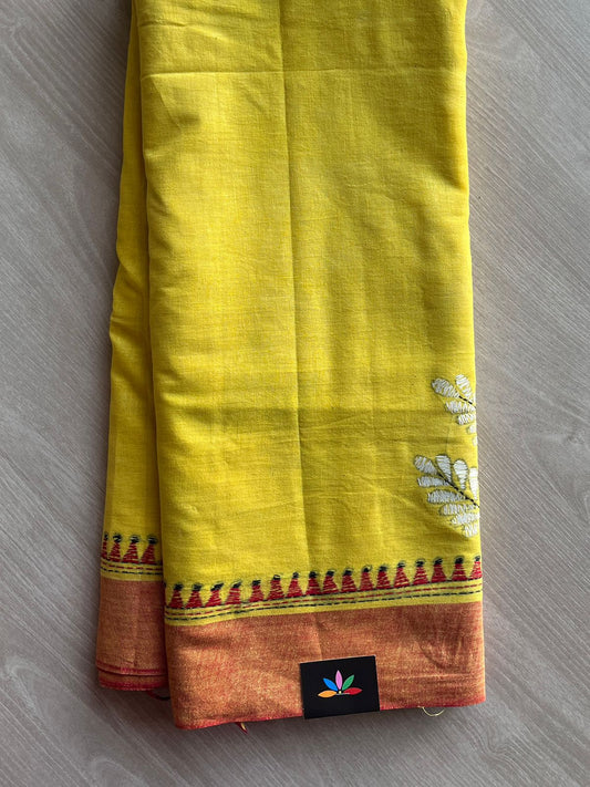Bright Yellow Kantha Stitch Cotton Saree -30599