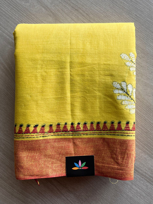 Bright Yellow Kantha Stitch Cotton Saree -30599
