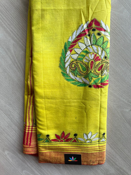 Bright Yellow Kantha Stitch Cotton Saree -30603