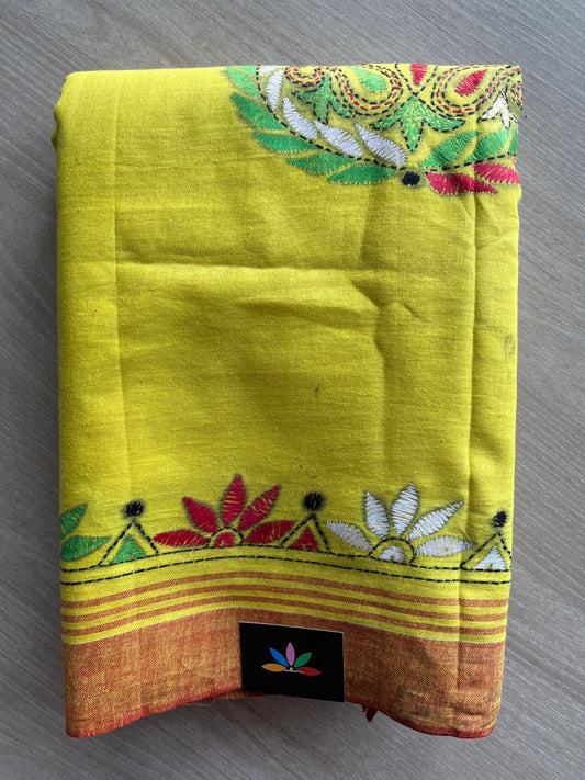 Bright Yellow Kantha Stitch Cotton Saree -30603