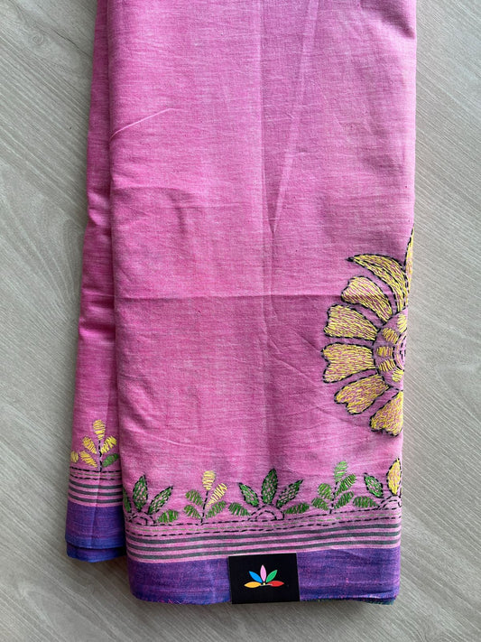 Soft Pink Shade Kantha Stitch Cotton Saree -30604