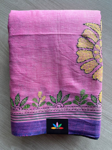 Soft Pink Shade Kantha Stitch Cotton Saree -30604