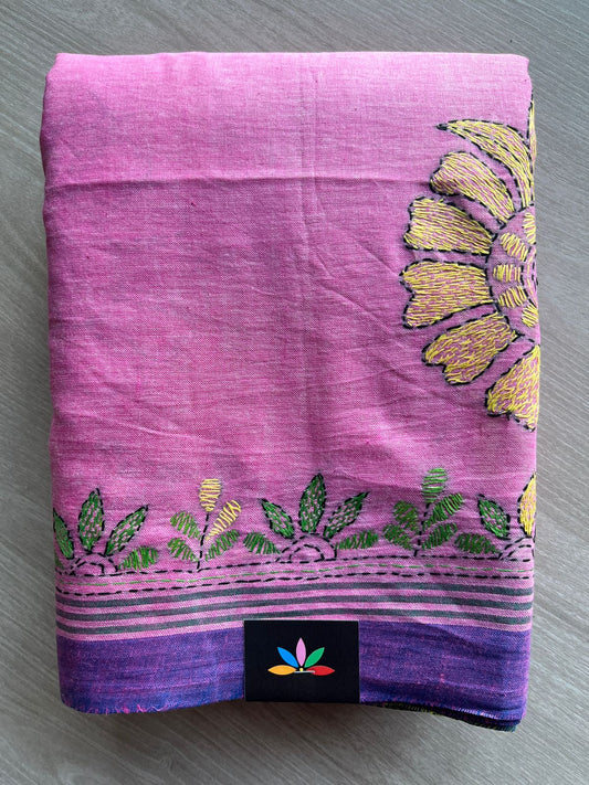 Soft Pink Shade Kantha Stitch Cotton Saree -30604