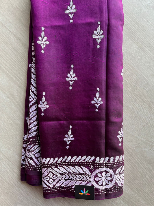 Deep Purple Kantha Hand Embroidered Pure Bangalore Silk Saree -30605