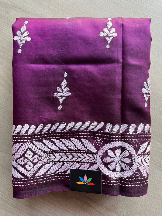 Deep Purple Kantha Hand Embroidered Pure Bangalore Silk Saree -30605