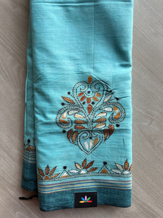 Sky Blue Kantha Stitch Cotton Saree -30607