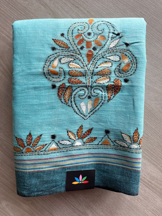 Sky Blue Kantha Stitch Cotton Saree -30607