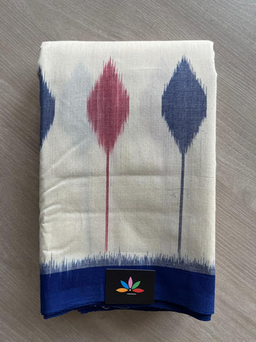 Cream White & Penn Blue Handwoven Pochampally Ikkat Cotton Saree -30835