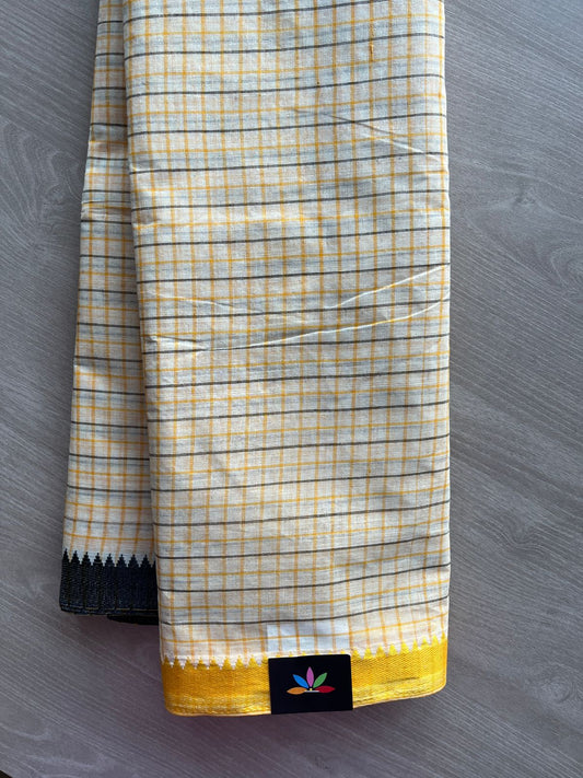 Off White Checked Handloom Cotton Saree (Starched) -30894