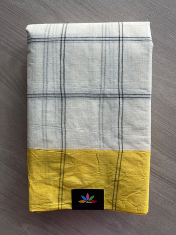 Off White & Yellow Checked Cotton Starched Saree (Without blouse)- 36353-36358