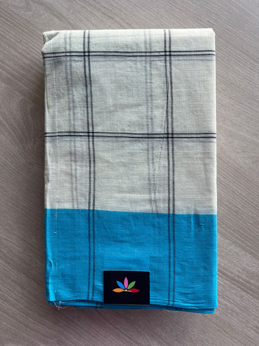 Off White & Aqua Blue Checked Cotton Starched Saree (Without blouse)-30909-30910