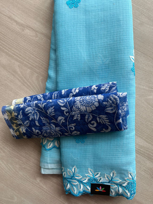 Sky Blue Cutwork Border Embroidered Kota Saree with Blouse-30966-30991