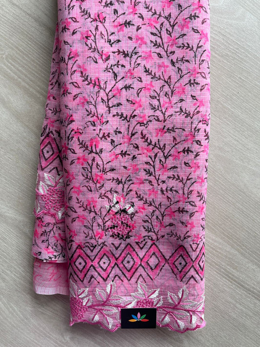 Persian Pink Printed Cutwork Border Embroidered Kota Saree -30998