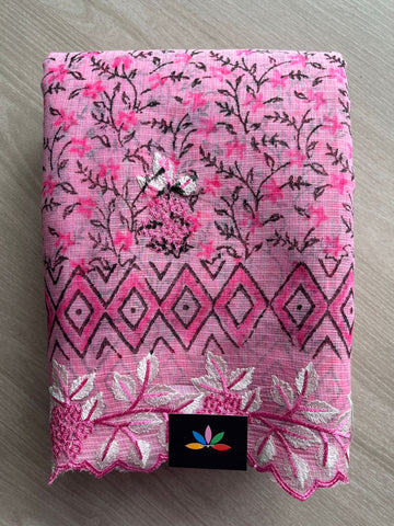 Persian Pink Printed Cutwork Border Embroidered Kota Saree -30998