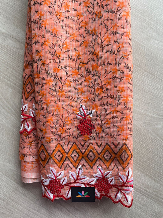 Peach Orange Printed Cutwork Border Embroidered Kota Saree -31001
