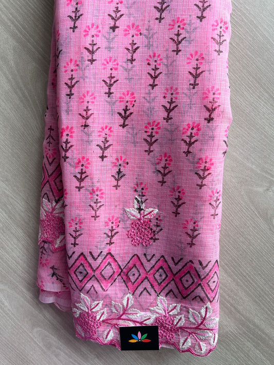Persian Pink Printed Cutwork Border Embroidered Kota Saree -31003